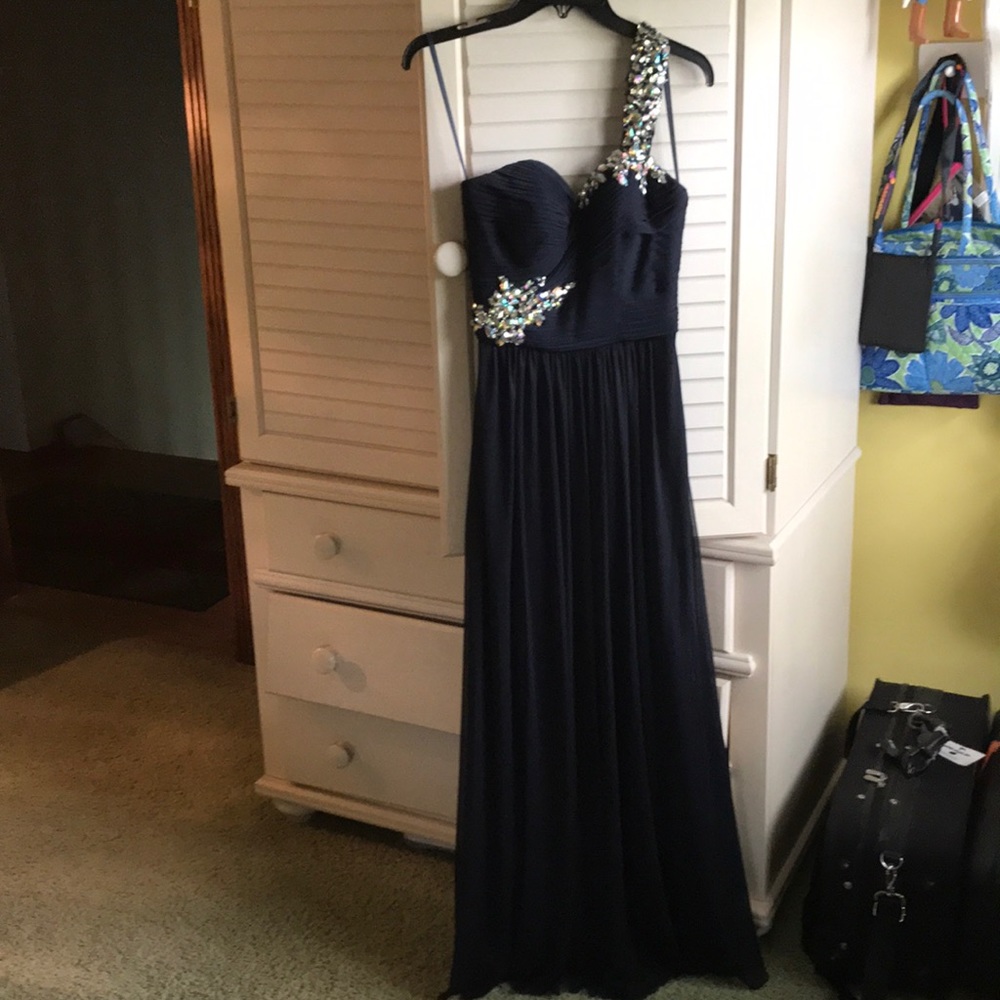 Navy blue one shoulder prom dress